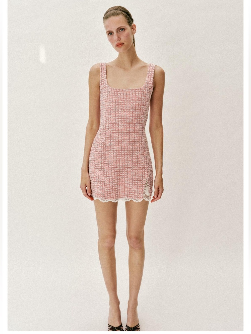 Zara Pink Tweed Square-Neck Mini Dress